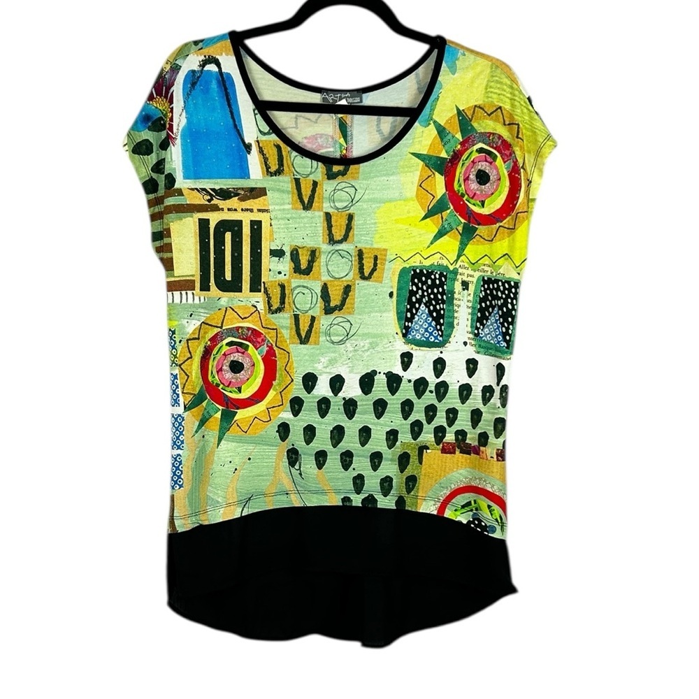 Simply Art By Dolcezza Artsy Short Sleeve Embellished Top Medium Yellow Black